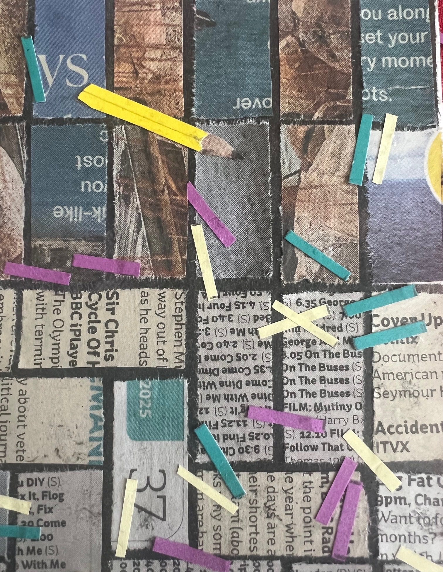 Collage from a newspaper, page 37. Illustrating a brick pavement with spilt coloured spills and a yellow pencil.