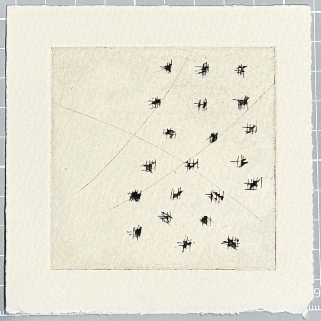 Square drypoint print in black ink with chine collé. The marks, arranged in incomplete lines on the right hand side of the print, may be read as knots or scribble