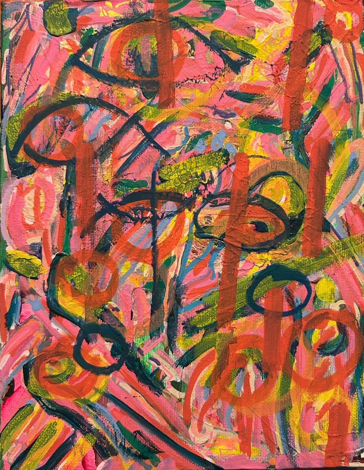 Small canvas multi layer of acrylic paint and markers that has random dark coloured motifs over