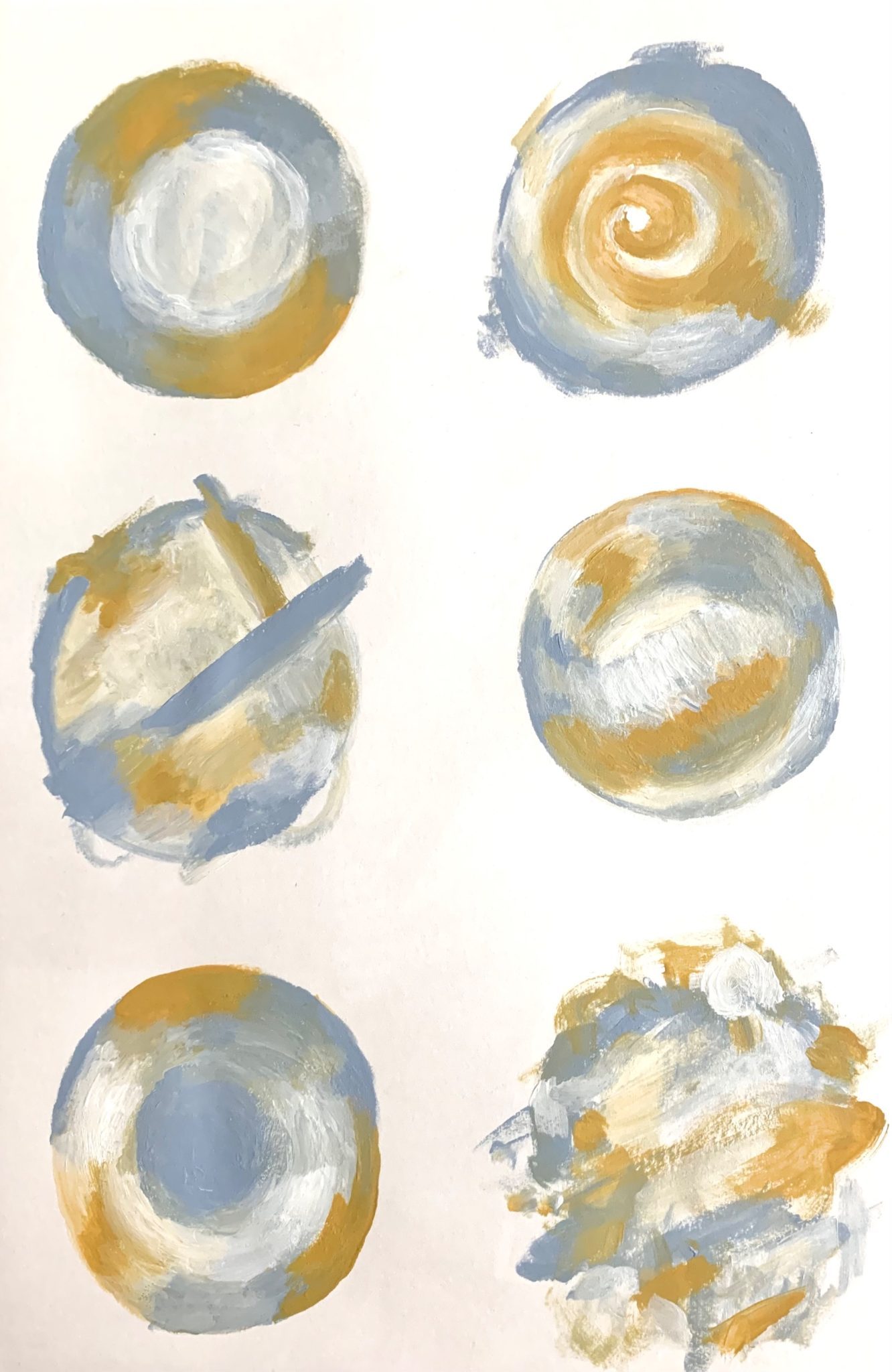 An abstract art piece with six circles done in blue and dark yellow acrylic paint. Three of them are done more neatly while another three are done more chaotically