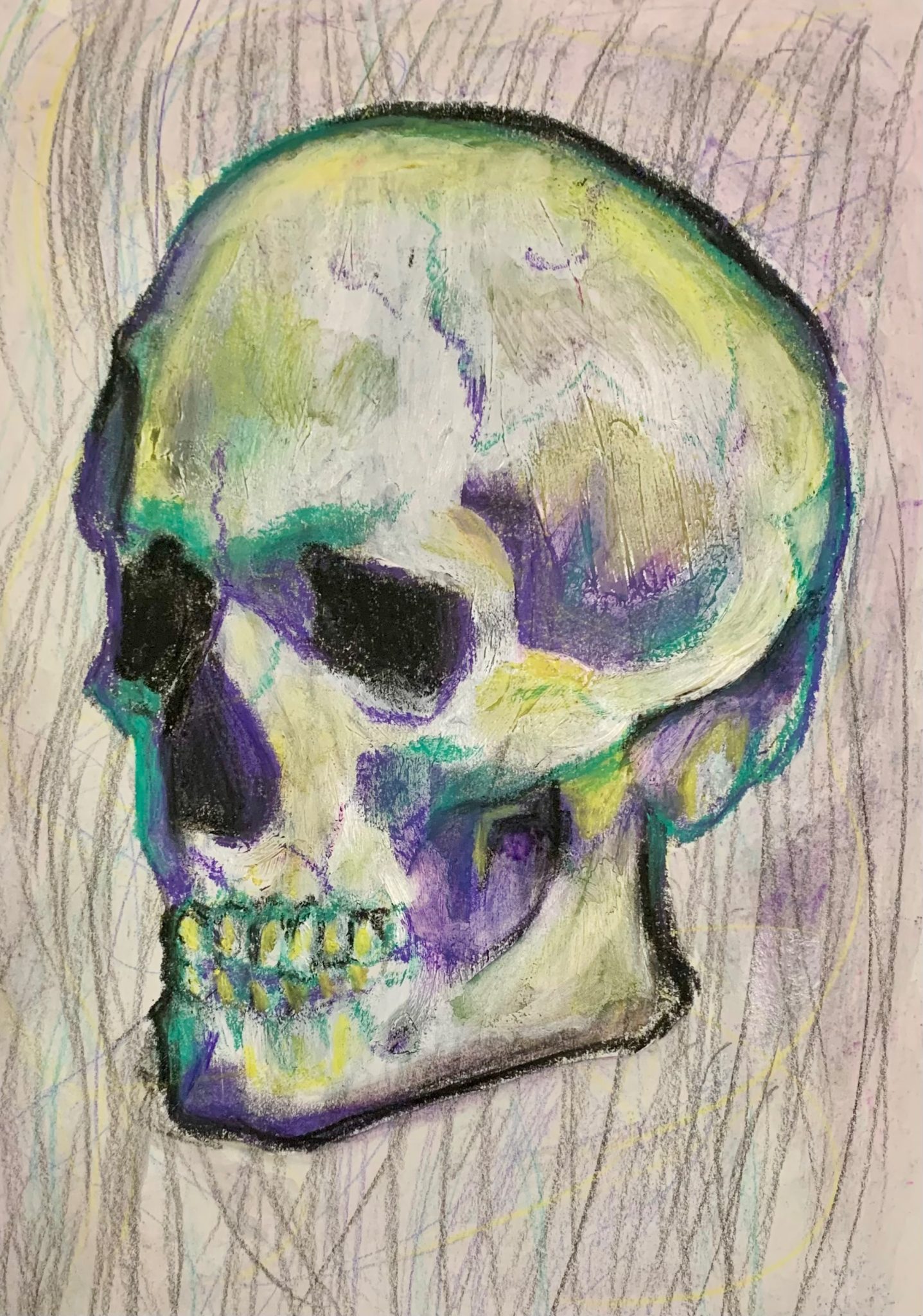 A skull drawn using soft pastels over a scribbled background