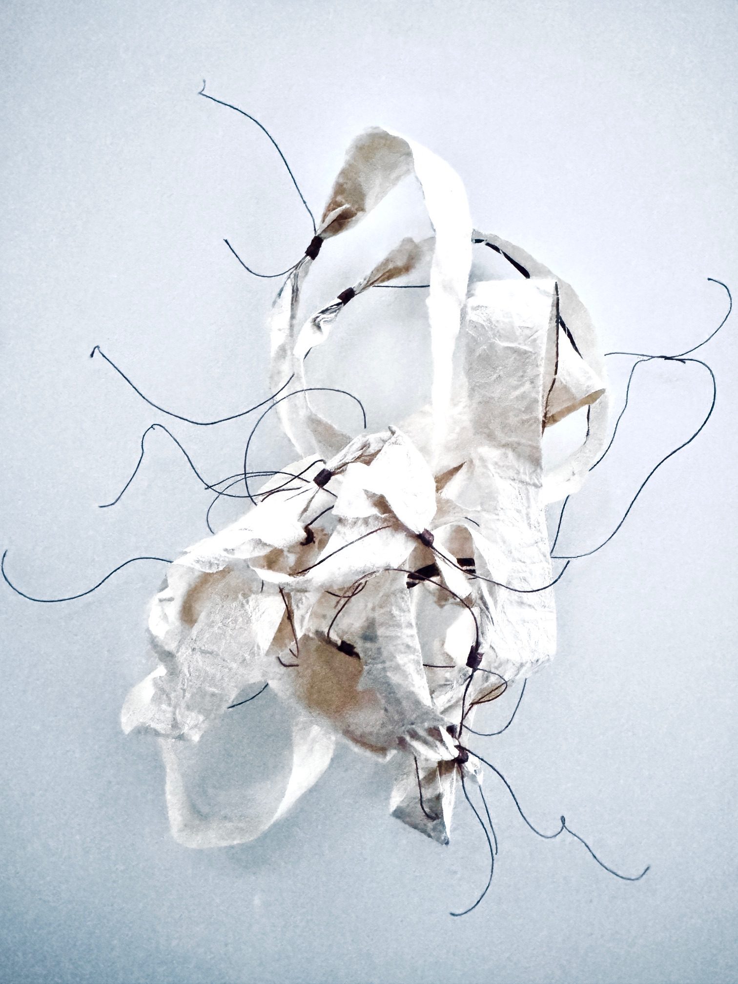 A small heap of oaper strips tied together in loops with linen thread