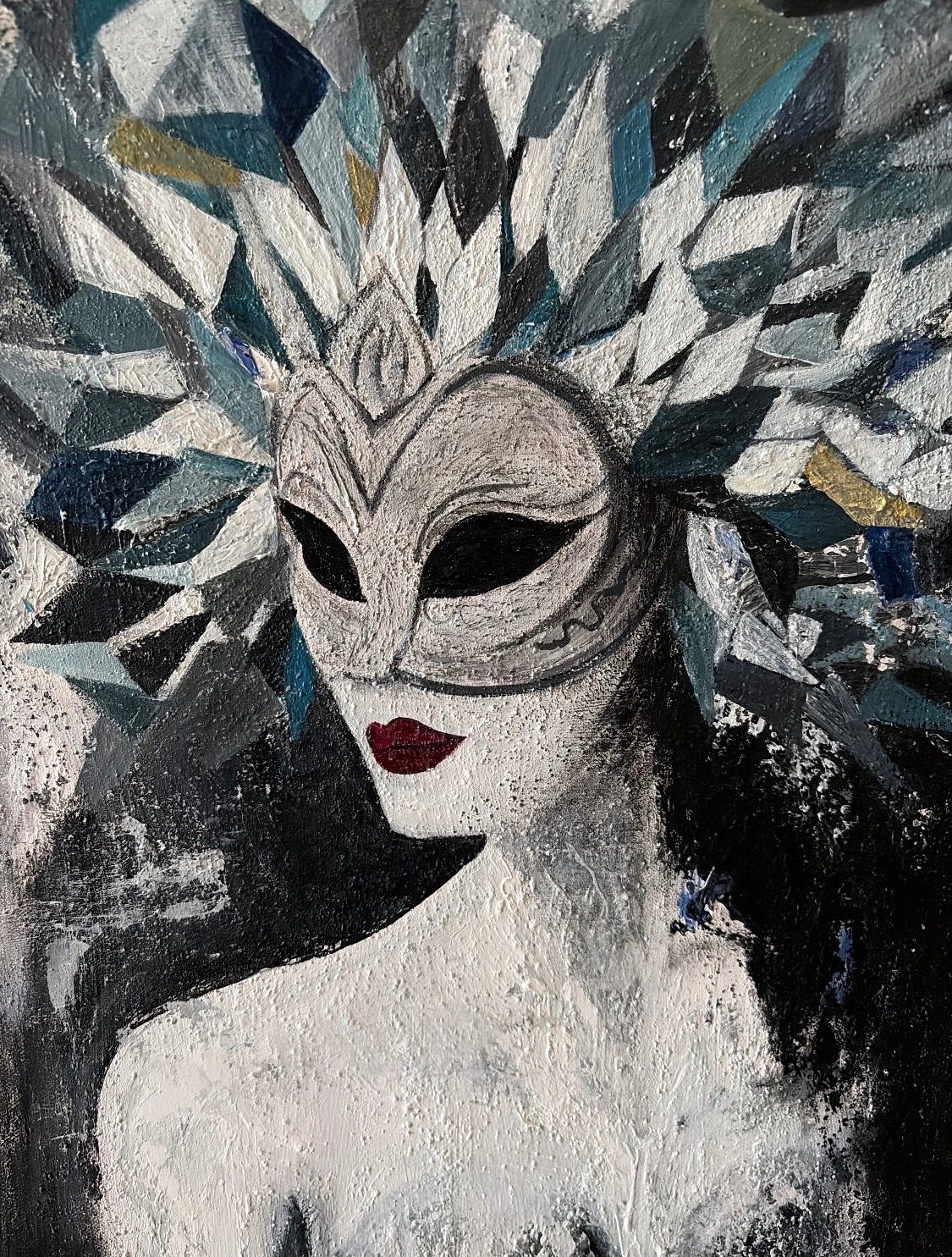 Surreal portrait with a white mask emerging from shattered glass