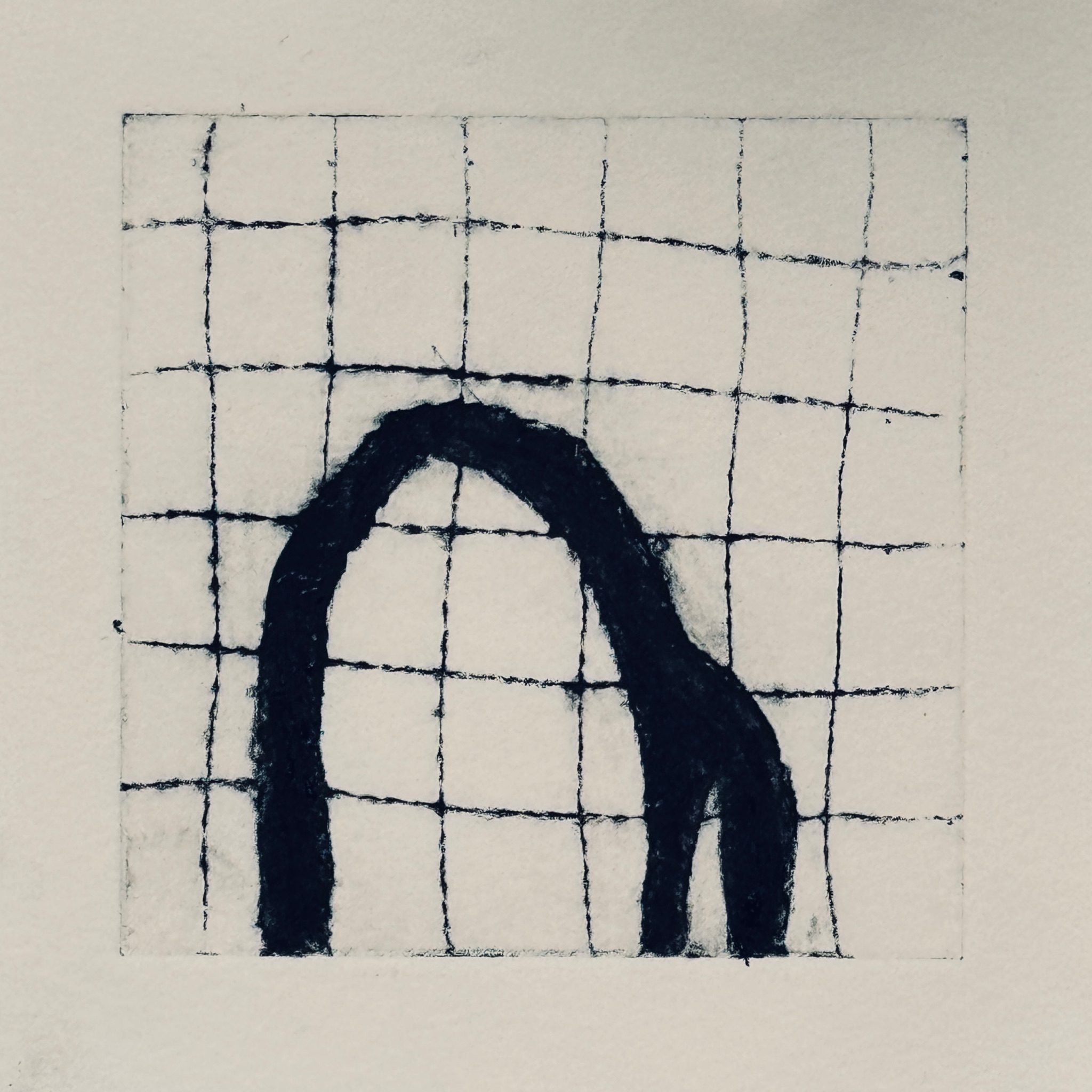 Square Drypoint print of an arch shape on a lightly marked grid background