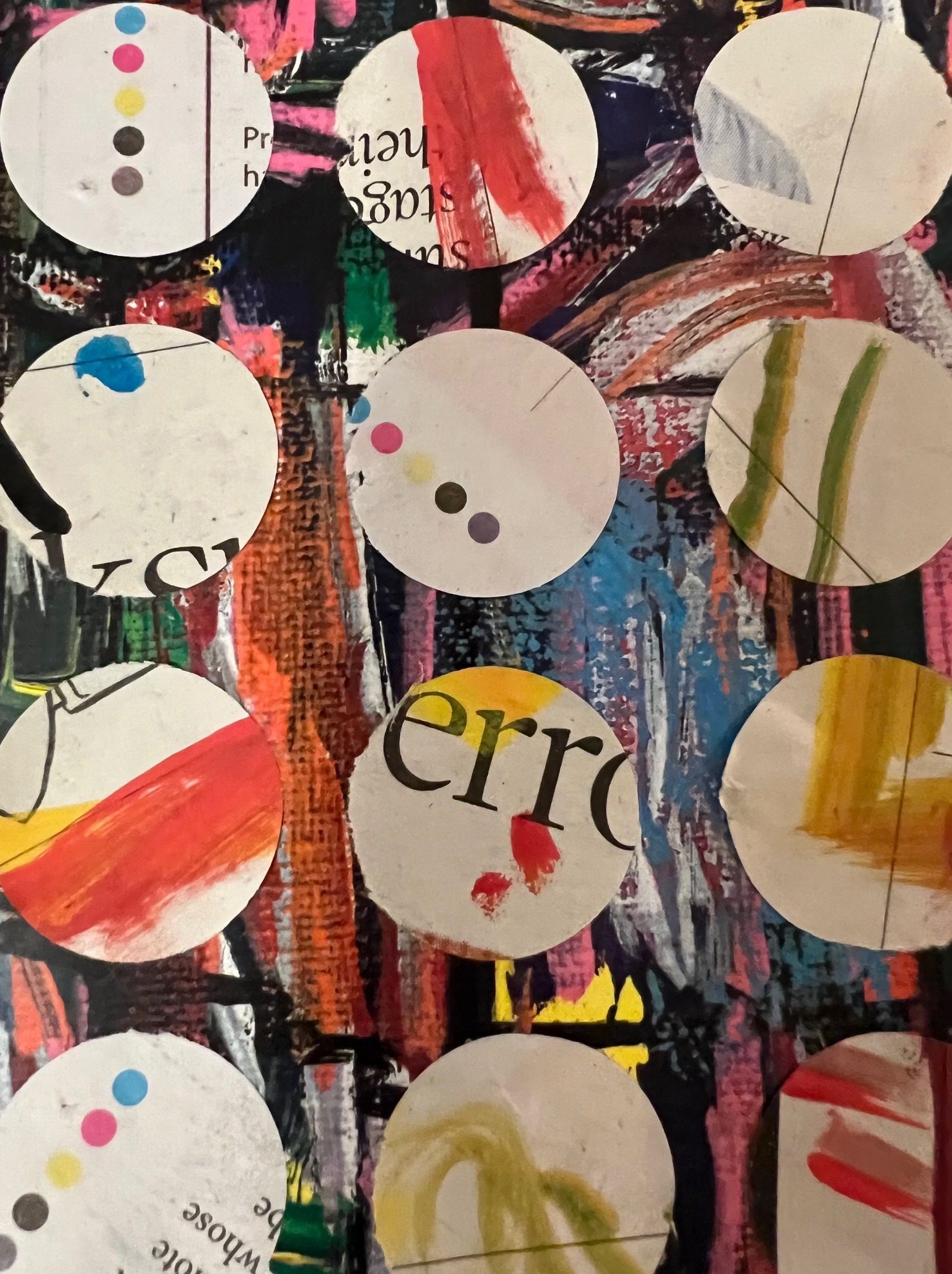 Collage of photocopied artwork (husband’s) with hole punched circles from newspaper used to protect tabletop