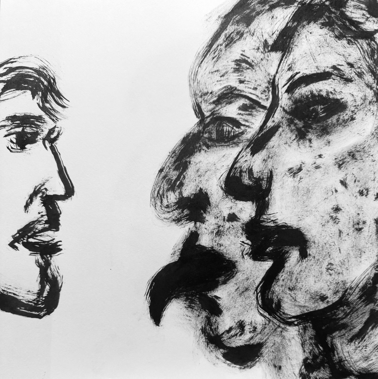 Three faces drift in a continuous circular loop, inducing a gentle vertigo that never settles.