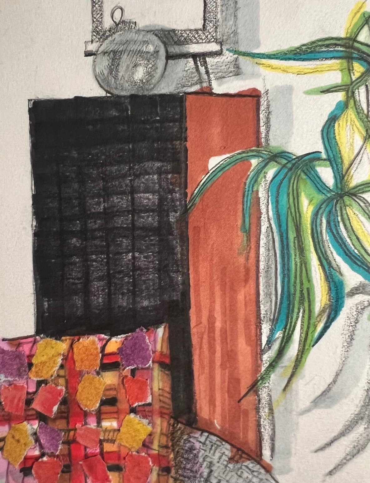 Original pencil drawing coloured in with markers and collage