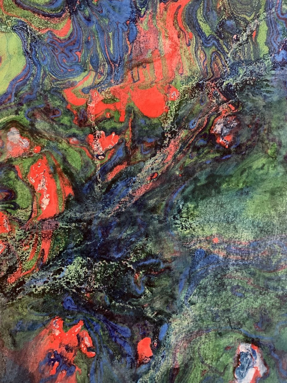 Mixed media painting patterns blue red green