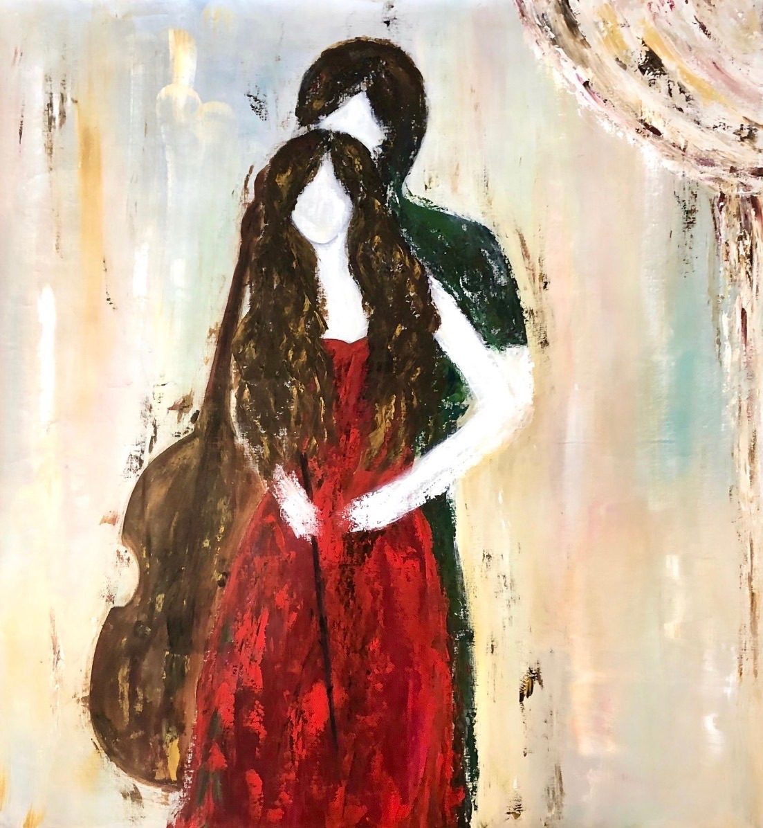 An u finished artwork of a loving couple painted with a palette knife