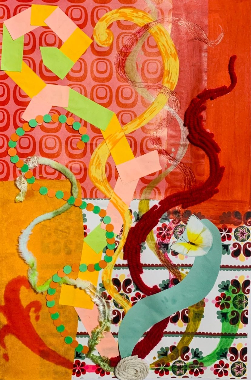 A mixed media collage- a single ball of string with different swirls coming from it that are made with different materials such as post it notes and ink