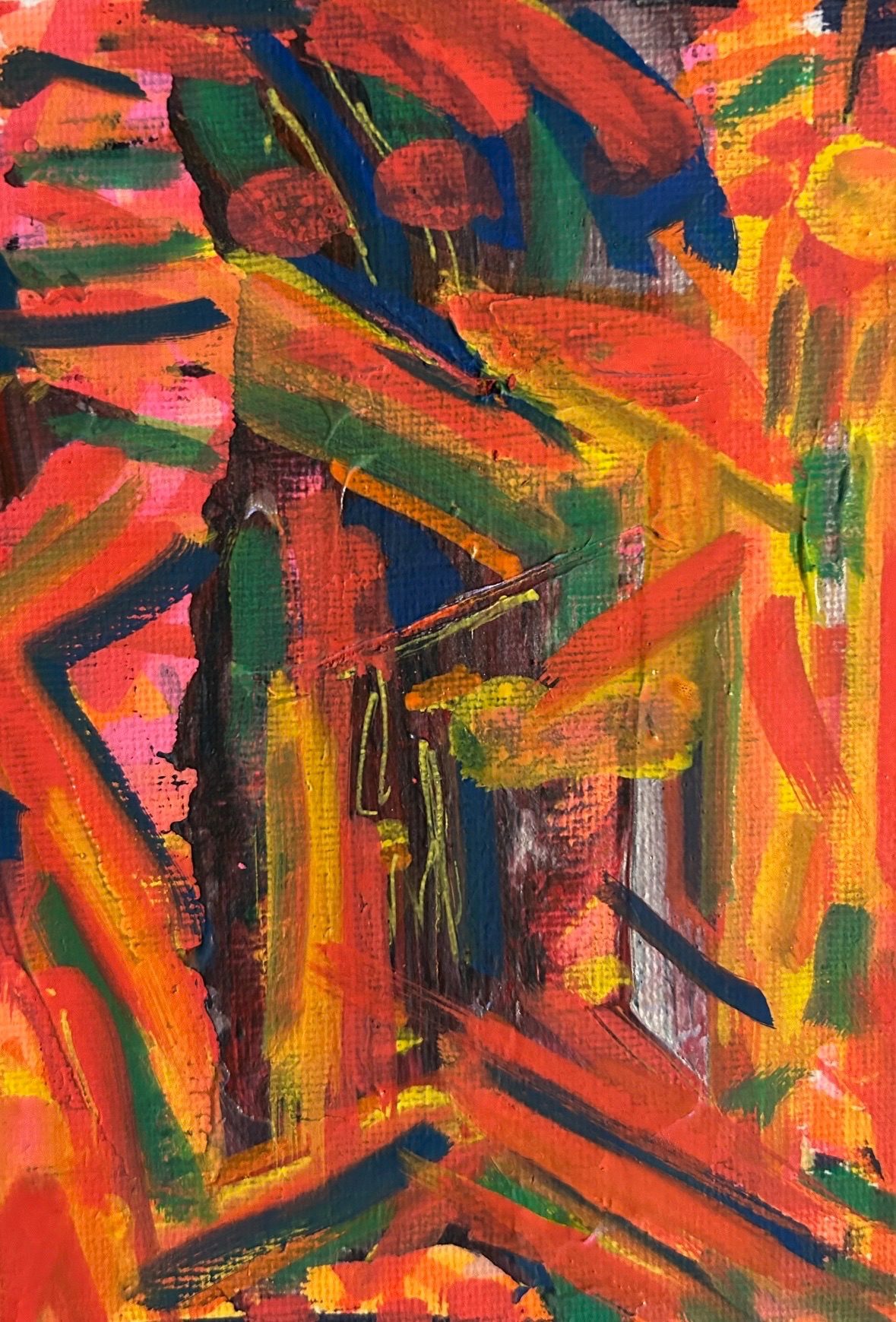 Abstract bright primary overpainting smeared dark ground in a postcard sized canvas