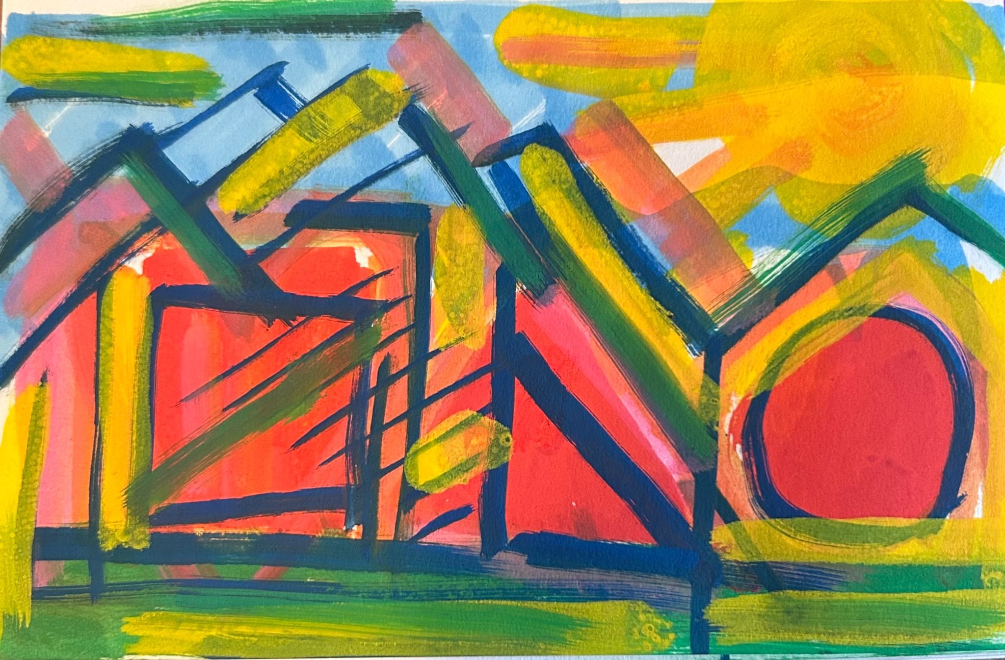 Bright colours suggest an array of houses and a blue sky with a bright yellow sun