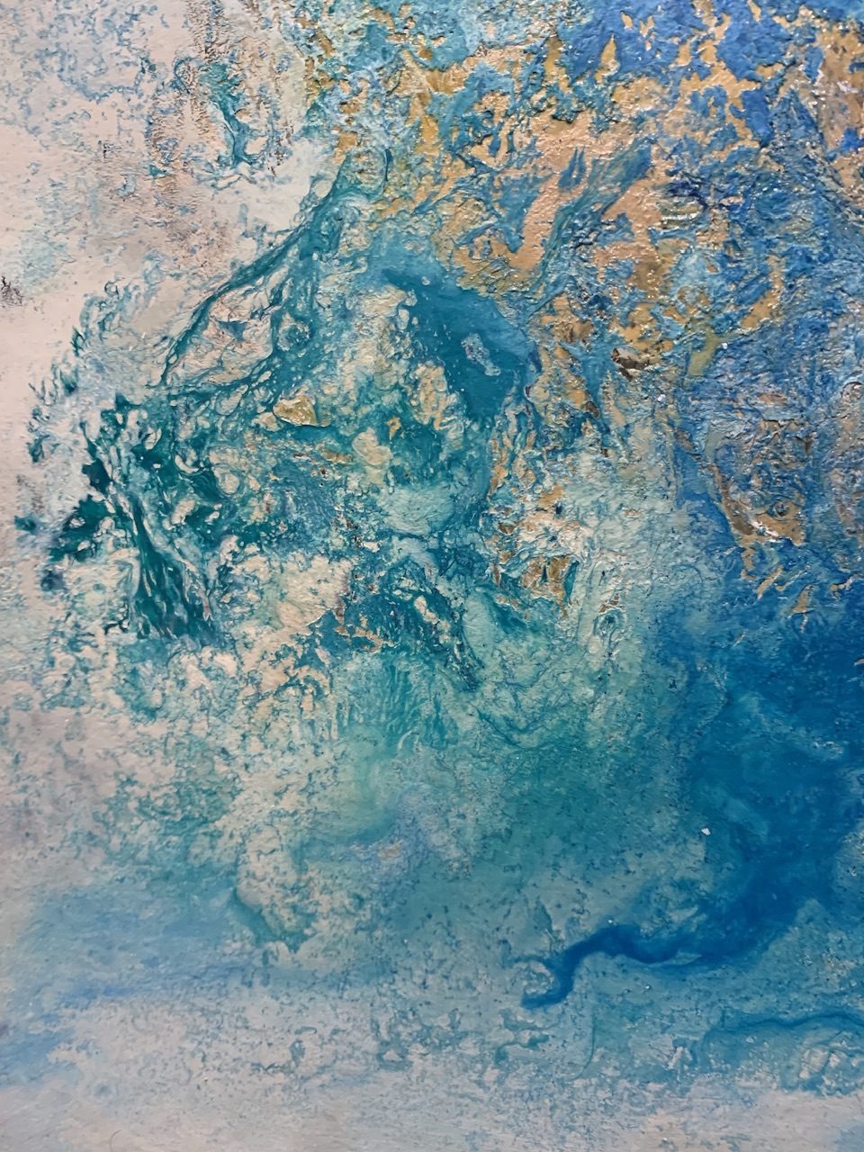 Mixed media painting textures blue yellow gold turquoise