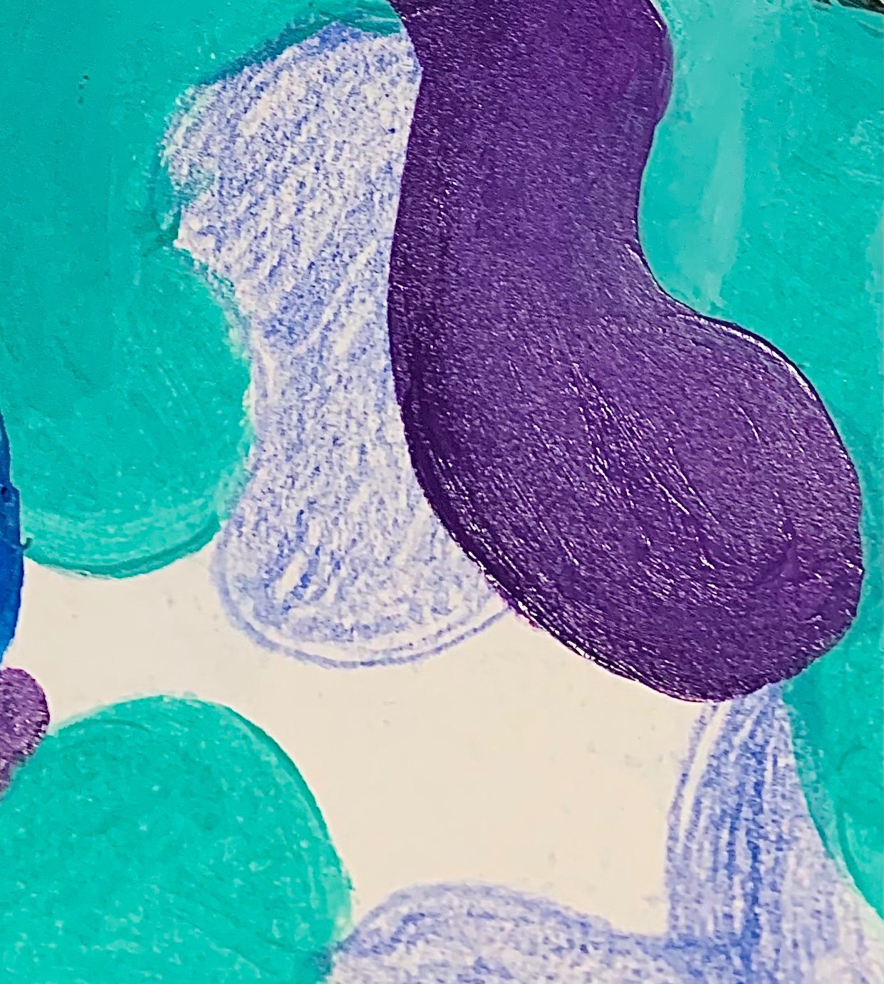 splotches of acrylic paint over coloured pencil