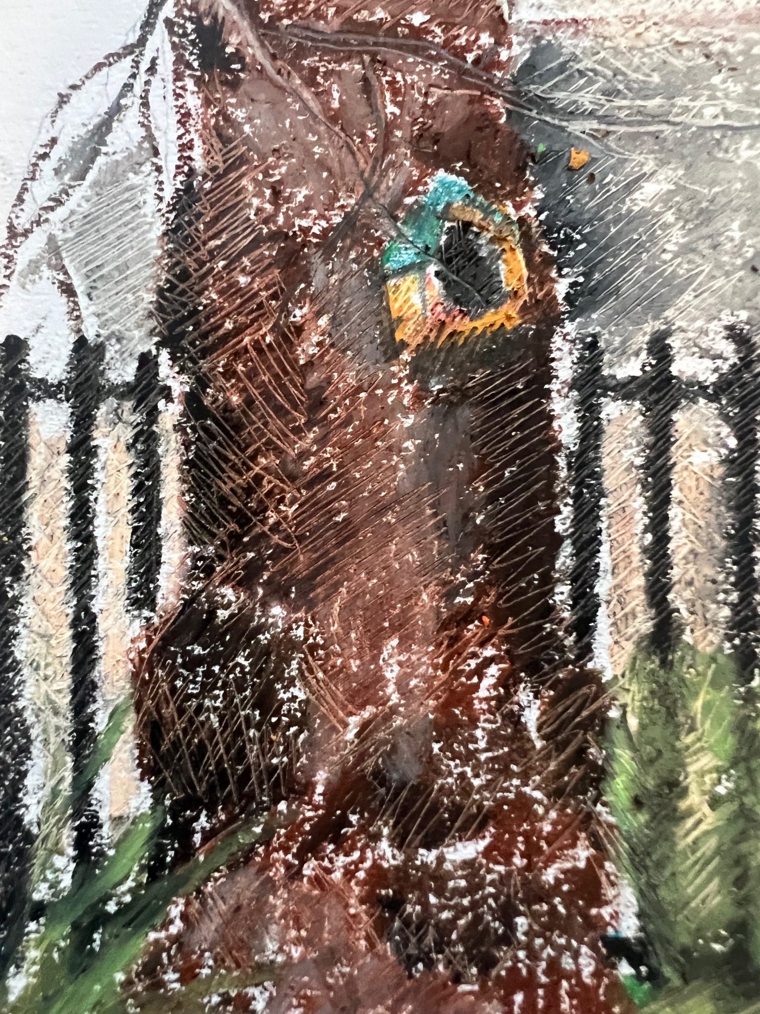 Sketch in pastels of tree trunk with birdhouse