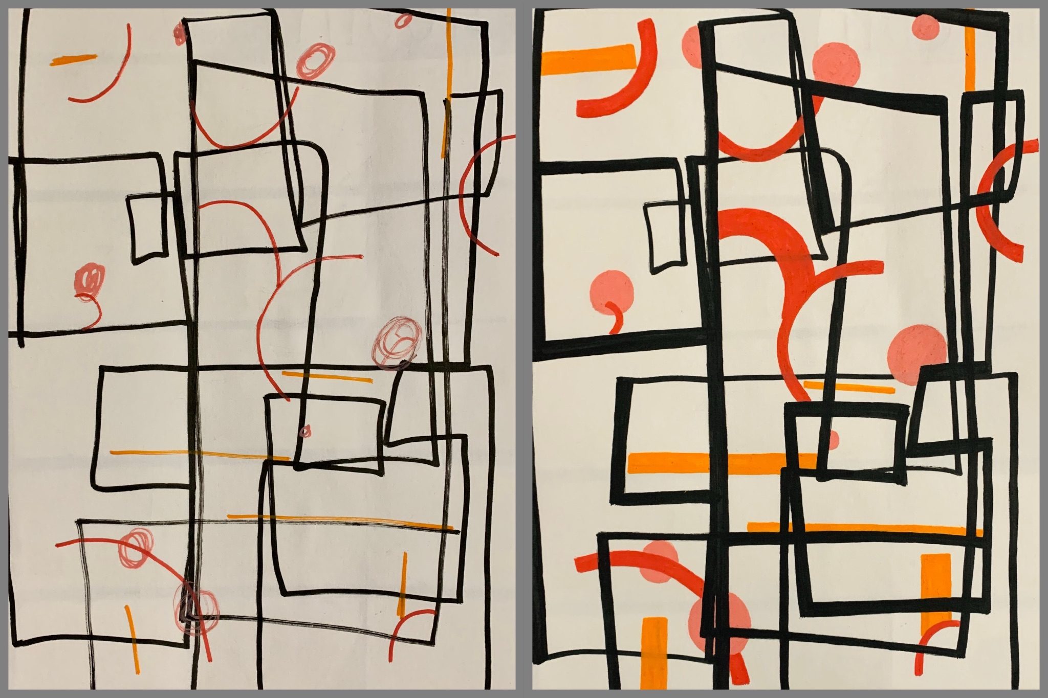 An abstract piece using acrylic pens. Done in black, red, orange and pink and has lines, curves and circles