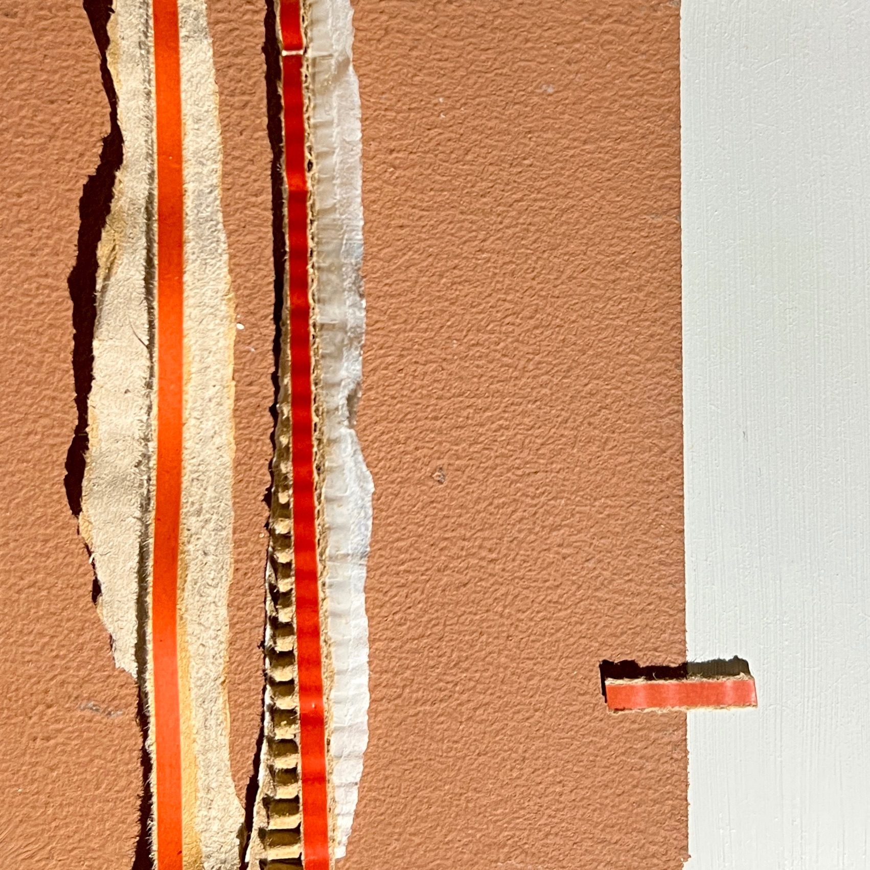 Rip strips from cardboard envelopes placed on a russet coloured background with an off white painted strip to the right hand side.