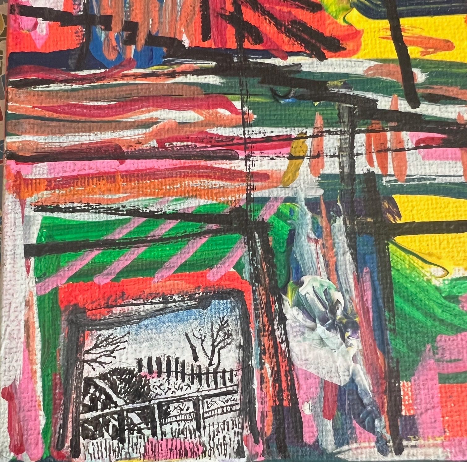 Tiny landscape sketch in black, drawn into white space in loved ones colourful abstract painting