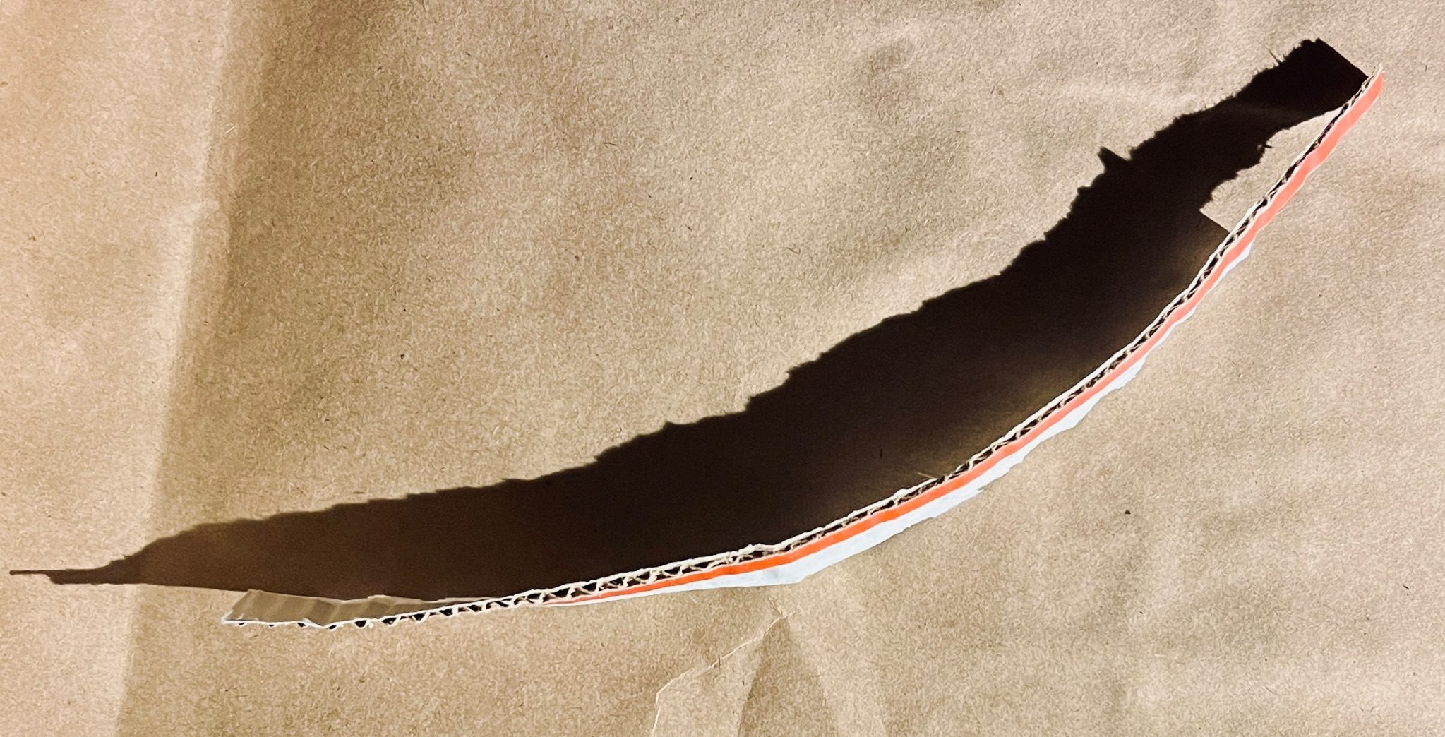 A rip-off strip from a cardboard envelope lies on Manila paper, casting a jagged shadow.