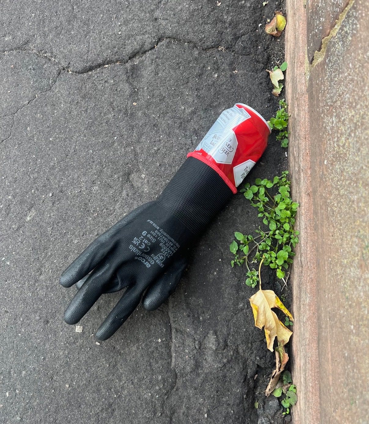 Photo of black work glove attached to a can, in the gutter.