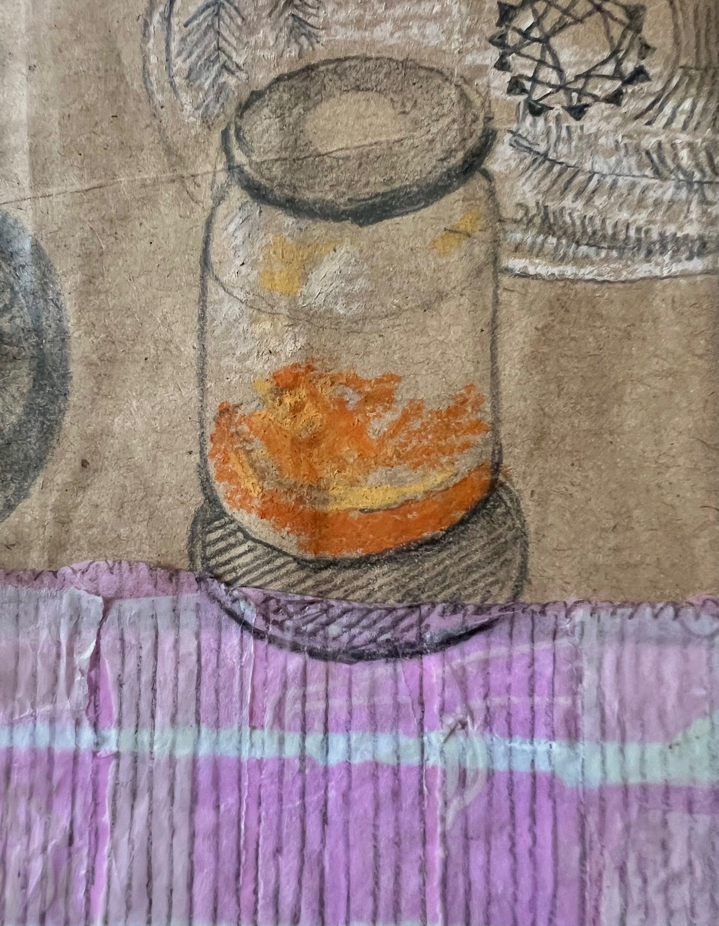 Collage with sketch of marmalade jar in pencil and pastel. It is nearly empty