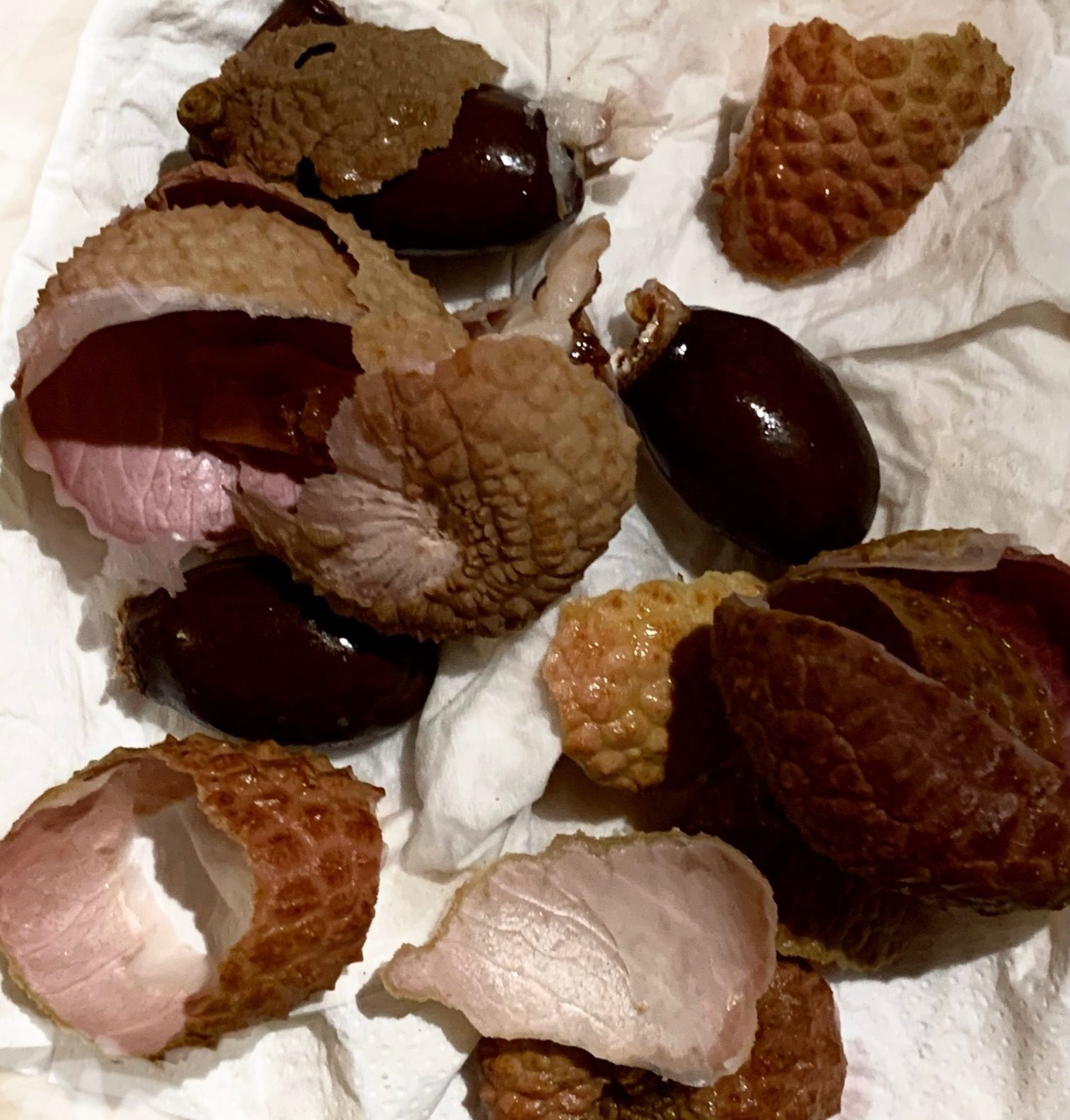 Photograph of lychee parts, skin, pips Ona white background