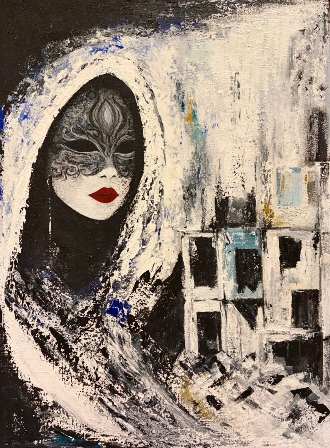 A haunting portrait set against irreversable ruins, evoking the devastation of war in Lebanon. The masked figure, with its ornate patterns and stark red lips, embodies resilience and mystery, while the fractured urban backdrop suggests shattered buildings and memories of conflict