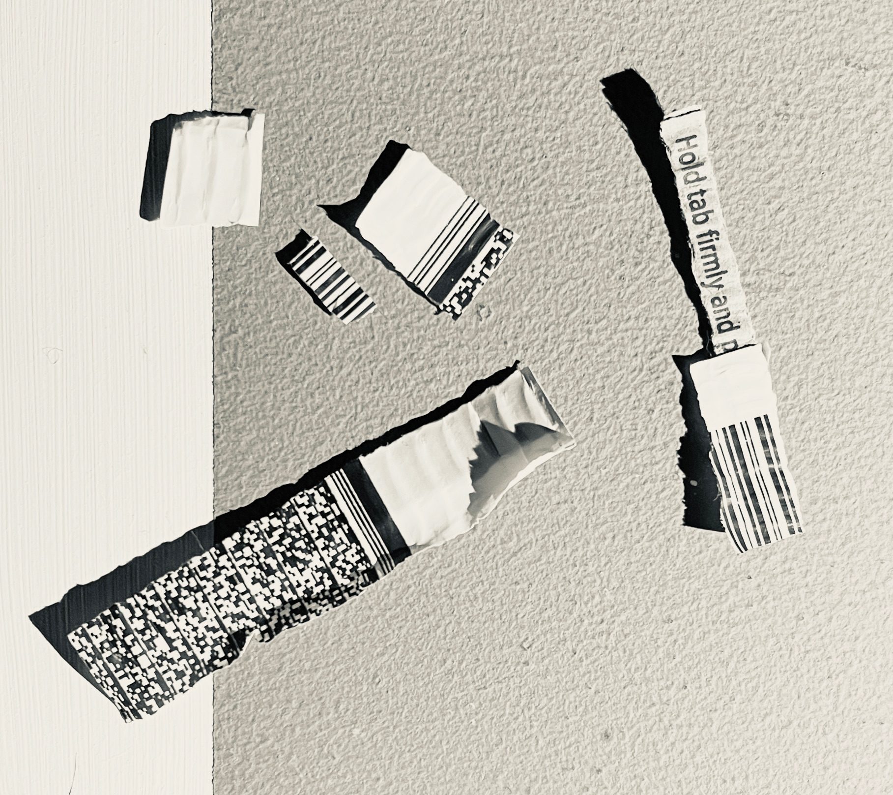Fragments of packaging labels, including bar codes and QR codes, are scattered over a two colour surface. Black and white photo.