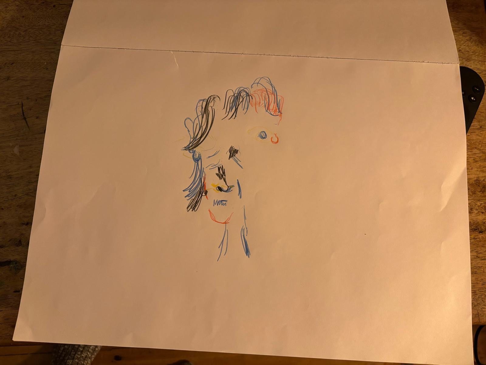 It’s a 5min self portrait using blue, purple and red pencil crayons