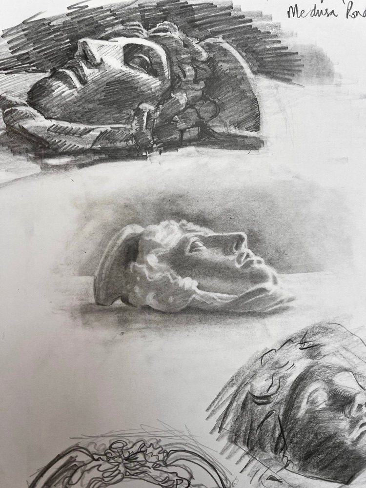 Drawings of a 3d printed maquette of the Rondanini Medusa