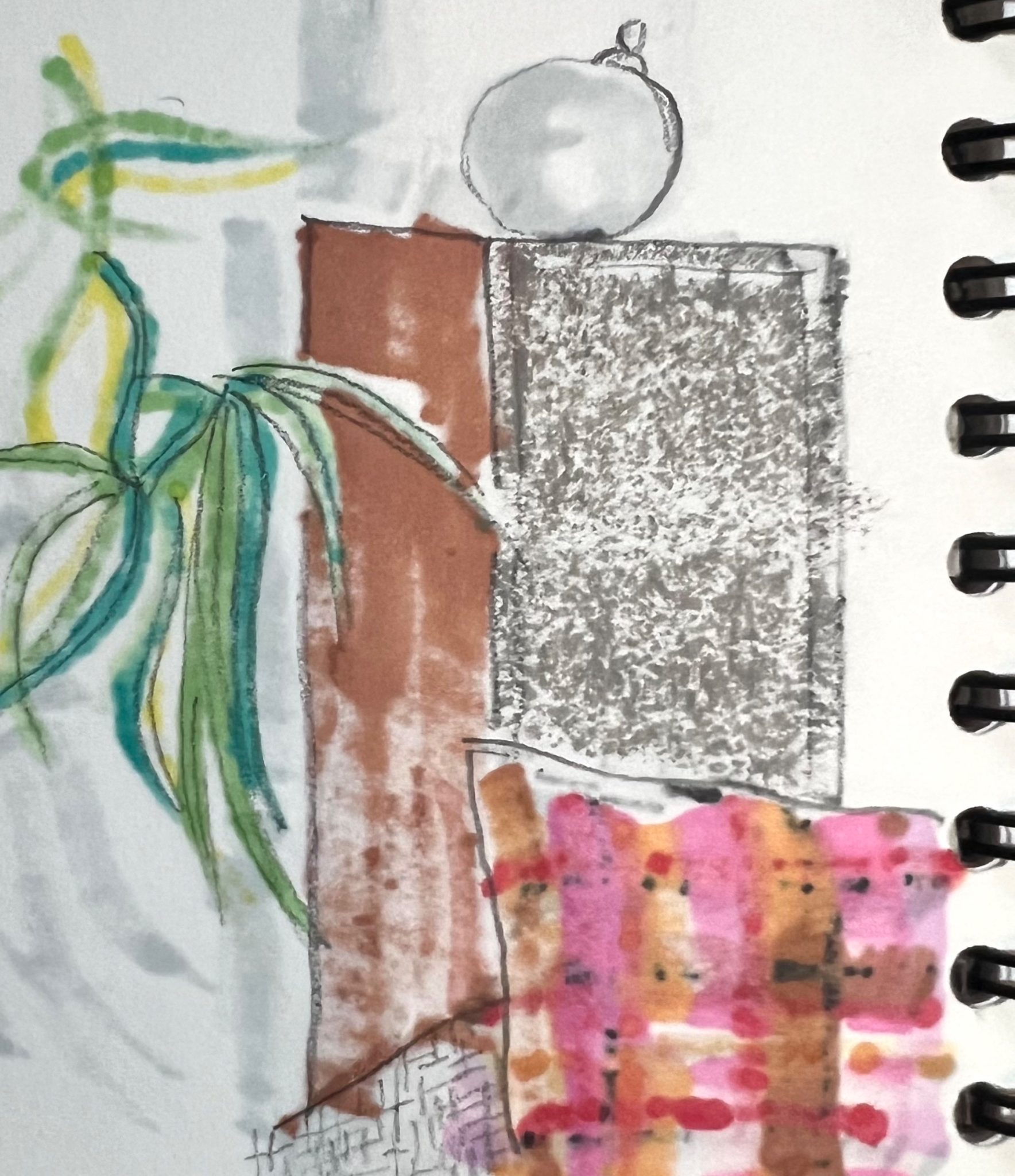 Coloured sketch using pencil and pastel on reverse of a drawing where acrylic markers have bled through from the front