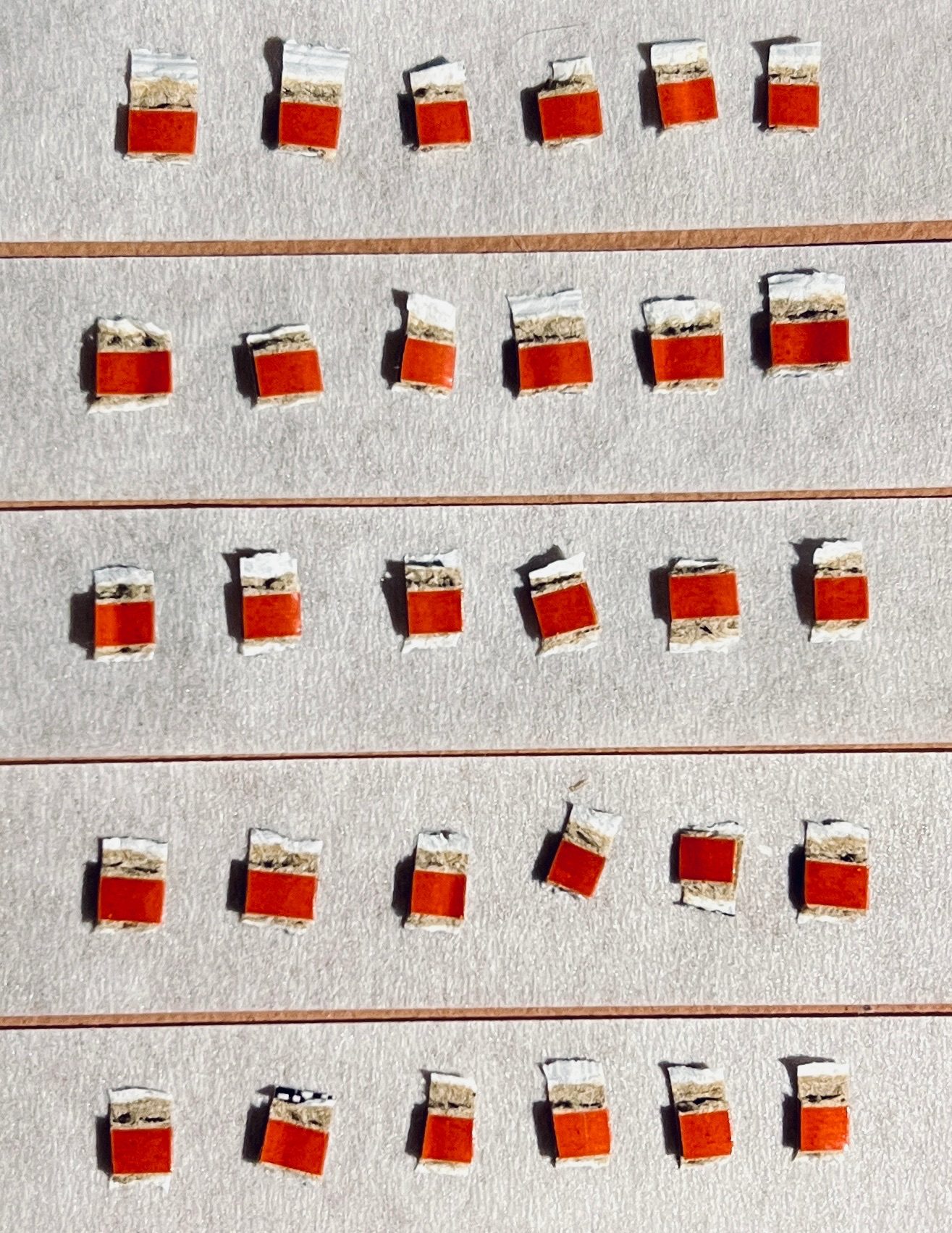 30 pieces cut from rip-strips off cardboard envelopes placed in a grid of 6 x 5