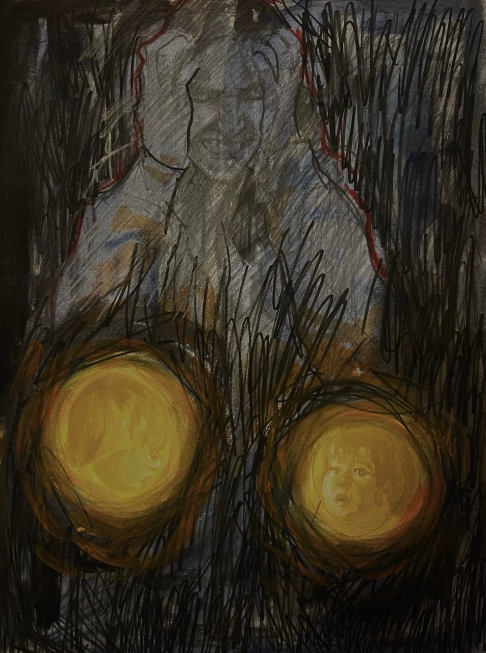 It is a dark piece. In the background a woman holds her head in her hands trying not to lose control. Below her are two children’s faces glowing yellow in the darkness.