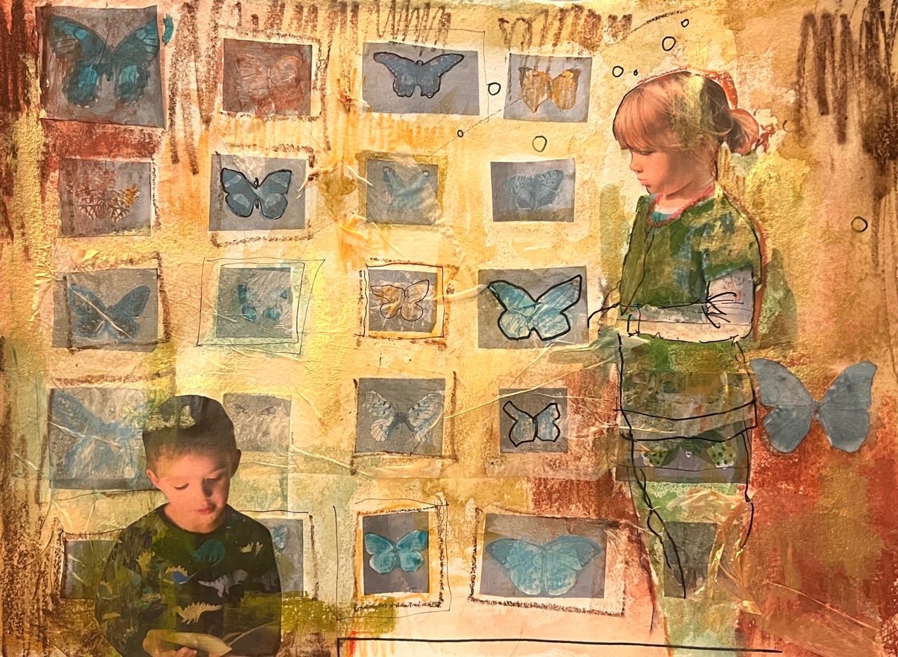 The background is soft creams and reddish browns. There are blue butterflies in boxes across the background there is a little girl in a grass dress standing to the right and a boy at the bottom reading a book.