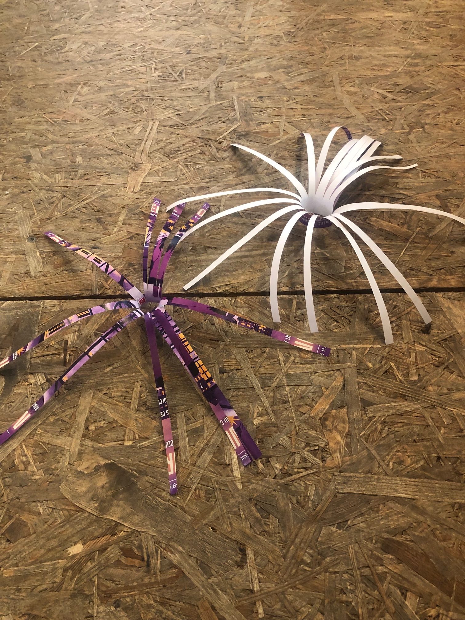 paper spiders on wooden floor
