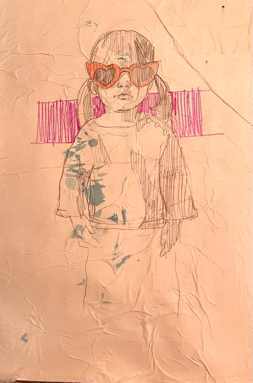 A pencil drawing of a little girl wearing heart shaped sunglasses in pink