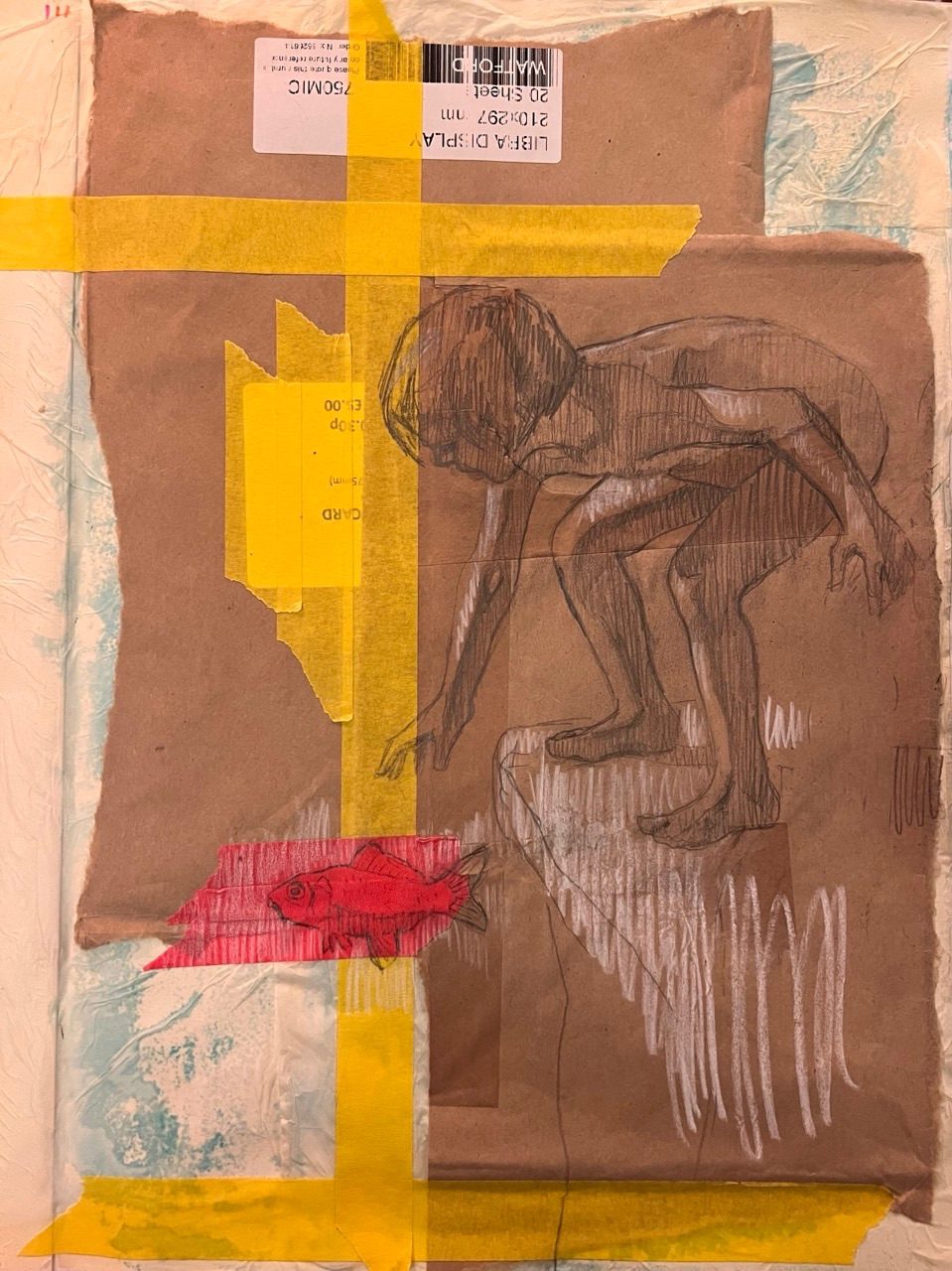 Drawing in brown paper of boy bending down to pick up a red fish