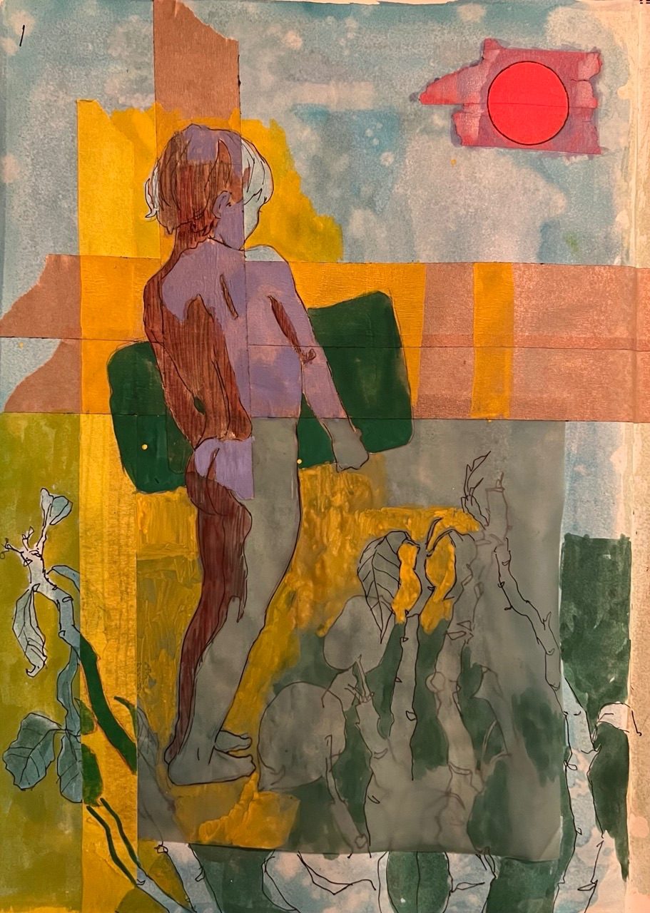 Boy holding square, with red sun in background