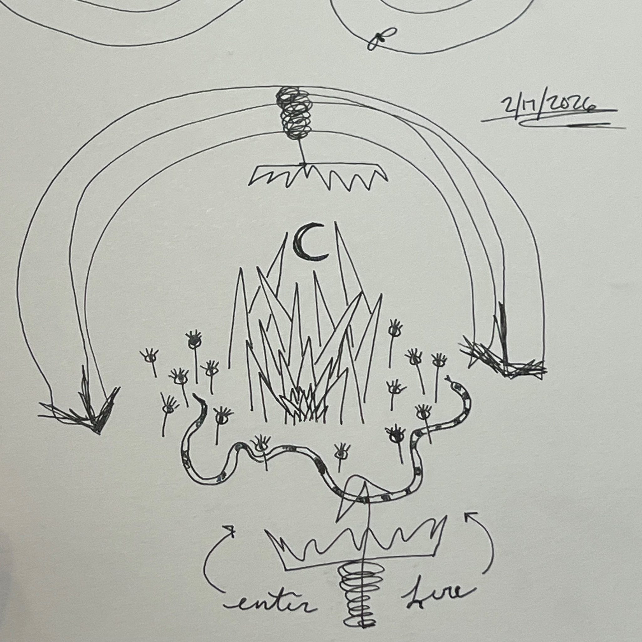 Quick abstract drawing of a weird garden with spikes and eyes and a sign that says enter here