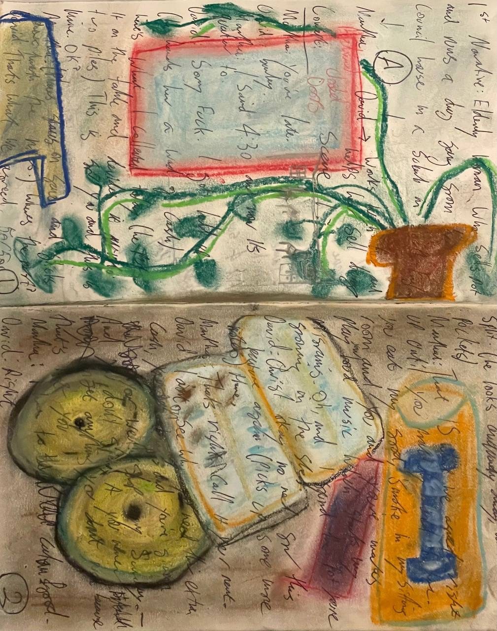 Drawing in chalk of the coffee table in my living room.