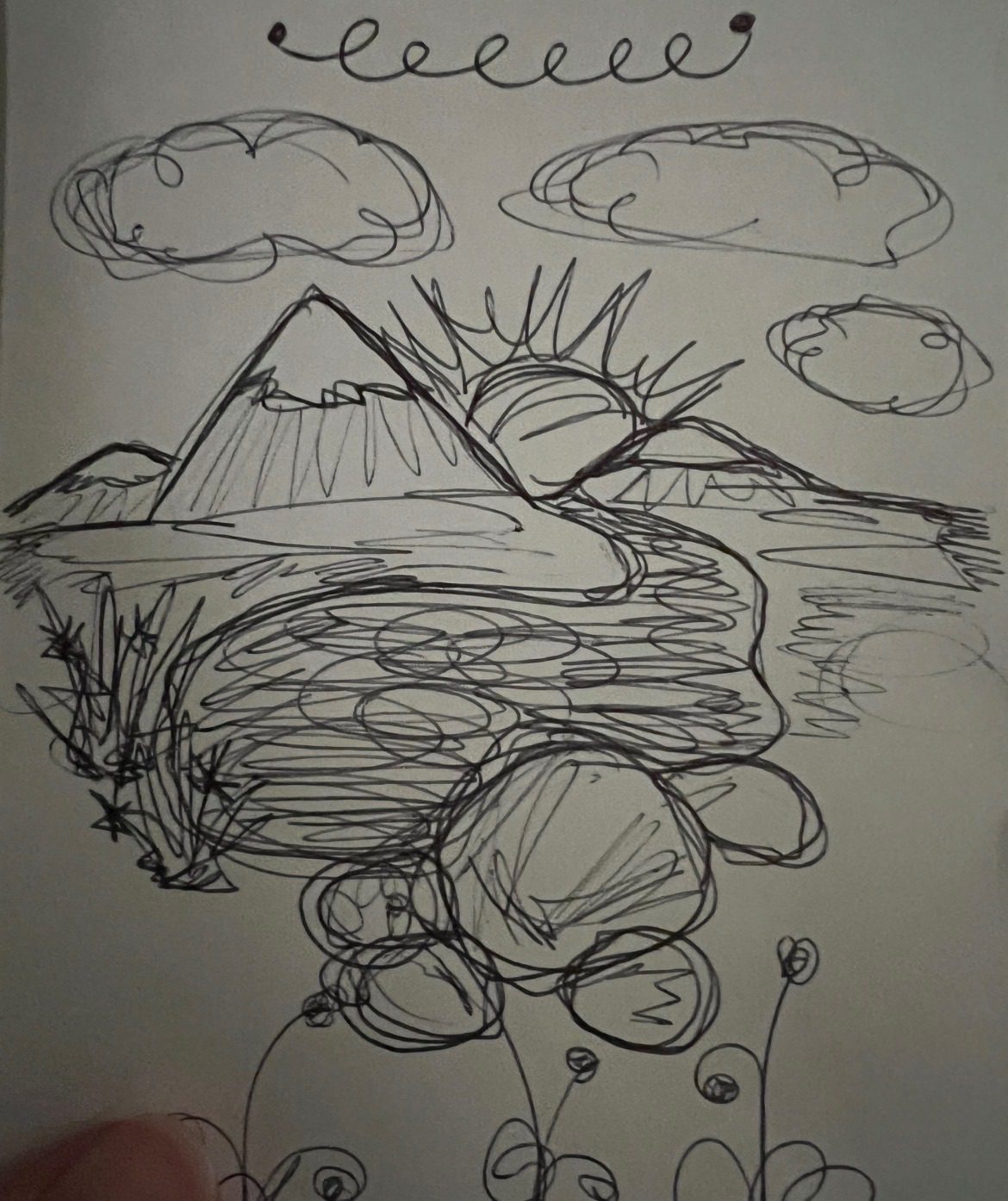 Scribbly drawing of a mountain lake scene