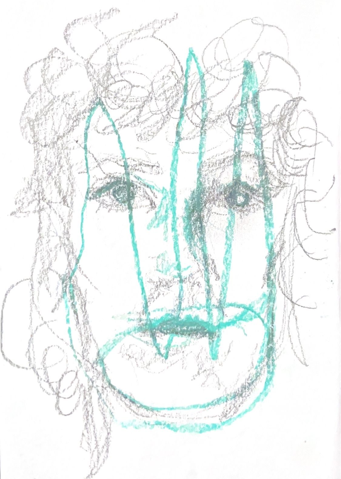 Simple sketched self-portrait in grey and teal