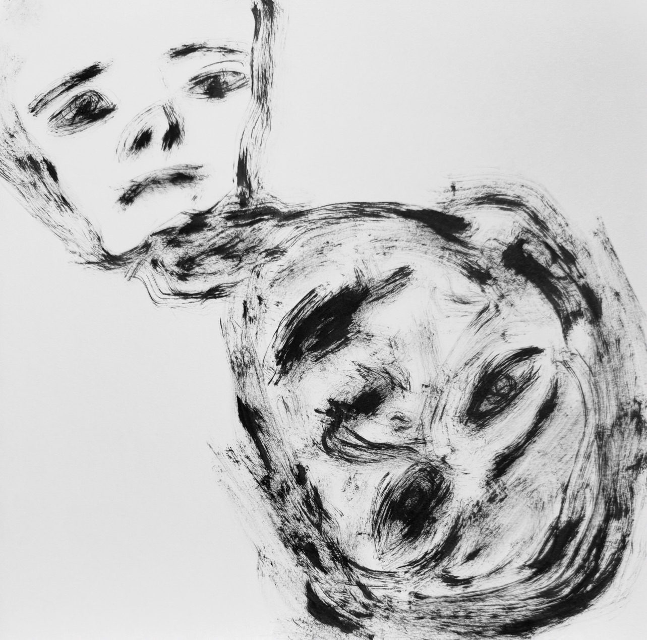 Two figures are held above and below one another, suspended in a fragile balance of proximity and separation.