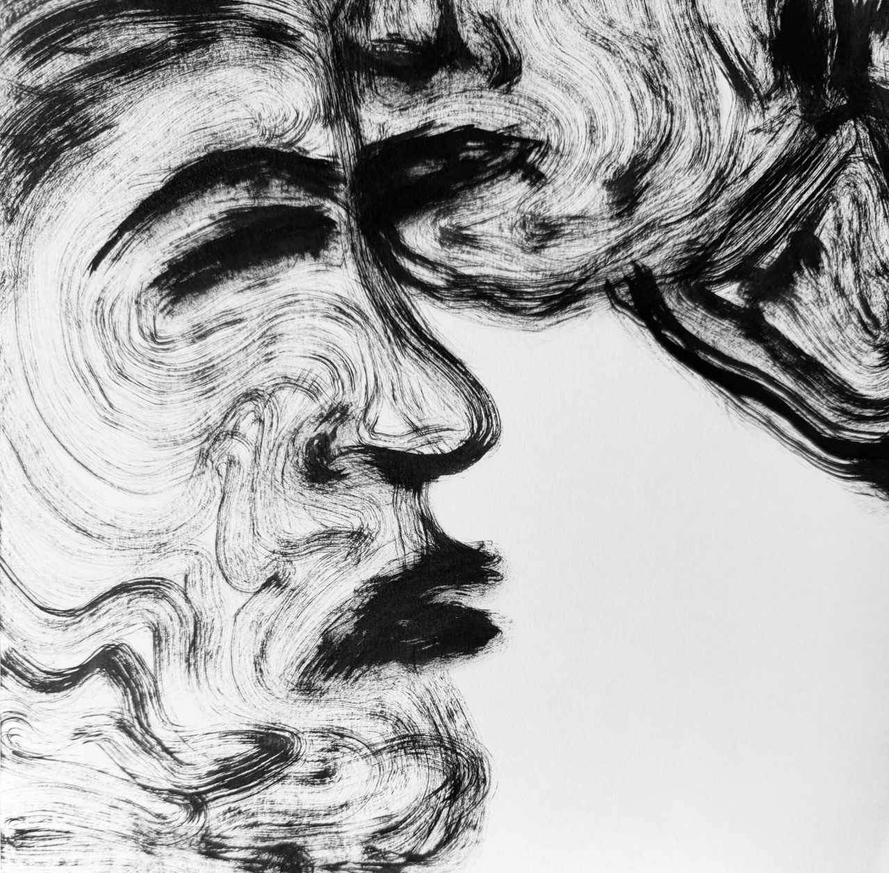 Two figures lean toward one another, their boundaries softening as proximity gathers without contact.