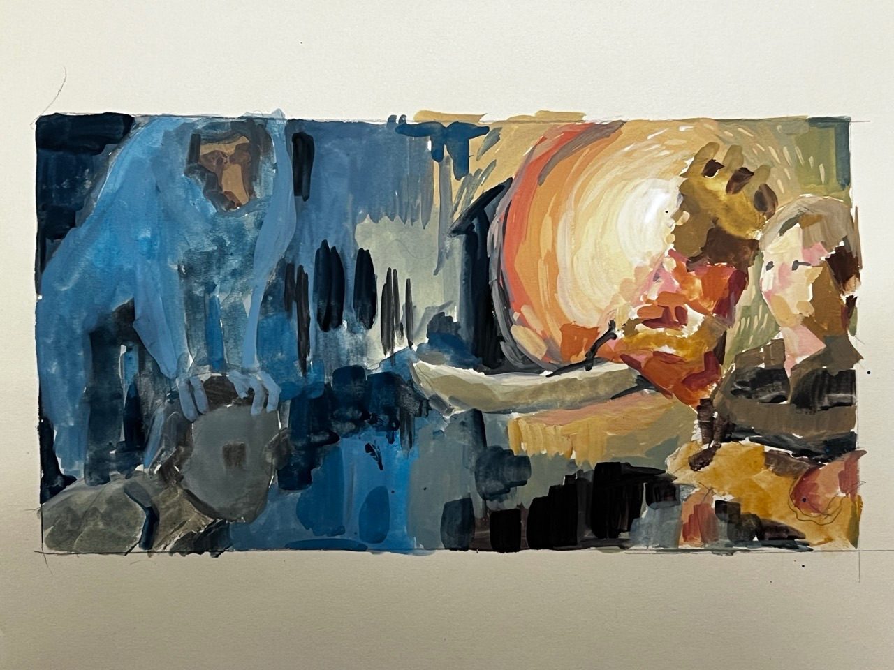 Abstract painting of blues on one side and warm oranges to the other