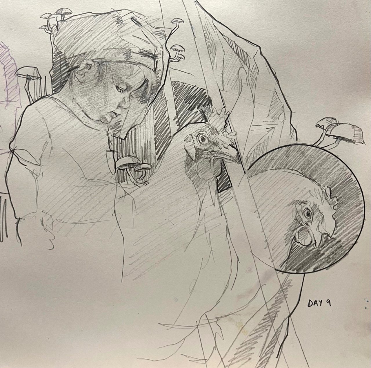 Little girl with chickens - a drawing abstracted