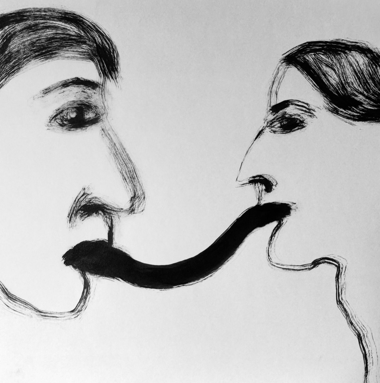 One figure feeds into the other through a shared channel, binding them in an exchange that is both intimate and consuming.