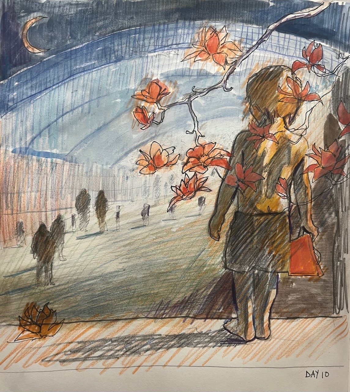 Boy standing looking at distant figures with a blue roof and crescent moon