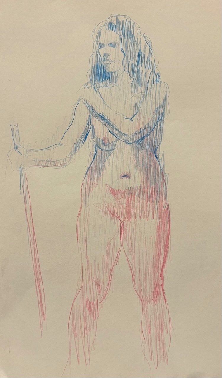 Life drawing of female model in pink and blue