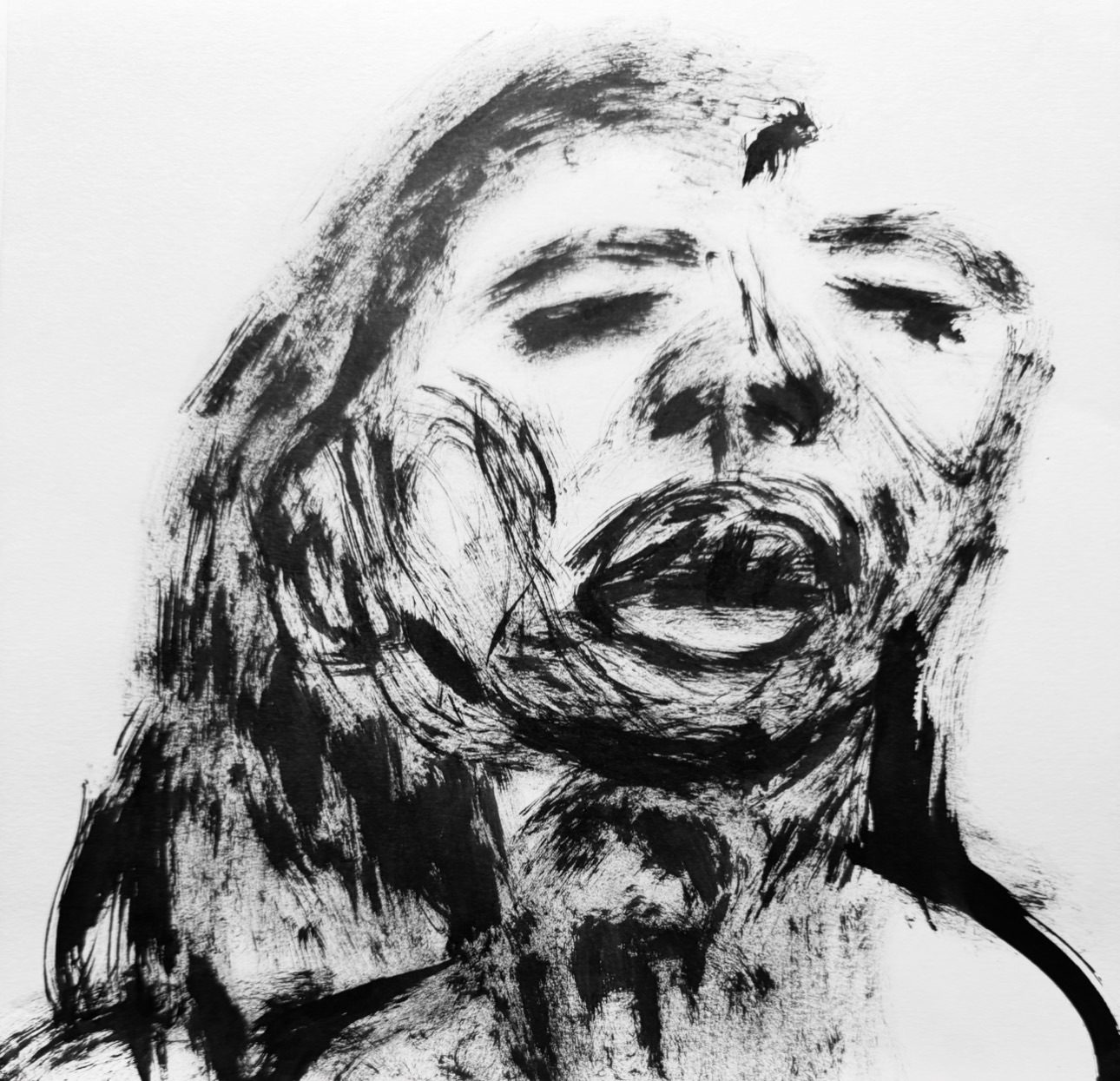 A figure’s open mouth fractures the face around it, as voice strains against the limits of containment.